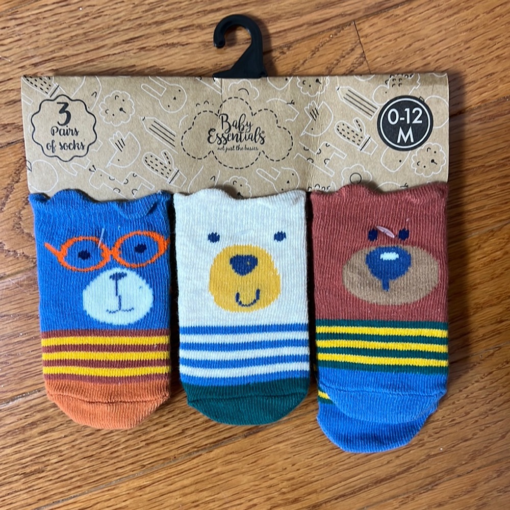 Baby Essentials Bear Socks Three Sets Size 0-12 months NWT